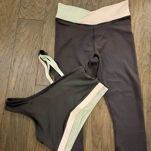 Fabletics Powerhold Crossover Grey/Pastel Green & Pink Leggings & Bra